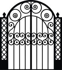 Black silhouette ornate wrought iron arch gate with intricate scrollwork classic elegant design for an entrance