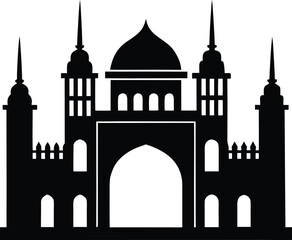 Elaborate black silhouette of a mosque or palace with a central dome multiple towers and arched windows