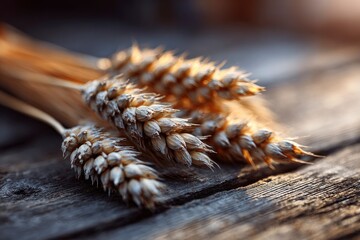 Wheat ears rest on weathered gray wooden planks warmly lit with a shallow depth of field