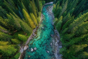 Obraz premium Serene Aerial Perspective of a Crystal Clear River Meandering Through Lush Green Pine Forests and Rocky Shores Capturing Nature's Breathtaking Beauty and Tranquility