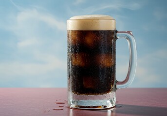 Refreshing mug of root beer with ice cubes against a sky backdrop