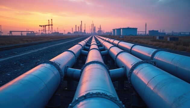 Long industrial pipelines stretch towards oil storage tanks and refinery structures under a colorful sunset sky. This image depicts heavy industry and energy infrastructure.