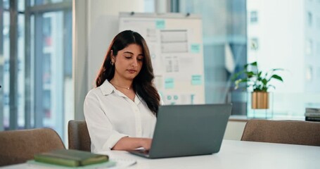 Woman, accountant and typing with laptop in office for finance review, contact or virtual consultation service. Business person, audit or email with tech, report and reading for problem solving - Powered by Adobe