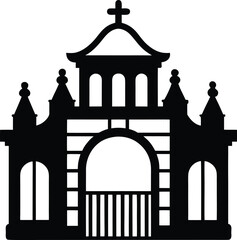 Obraz premium Silhouette ornate church gate entrance with cross vector illustration design element, architectural religious structure outline graphic