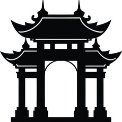 Traditional Asian pagoda gate silhouette illustration vector, oriental temple archway outline graphic design element