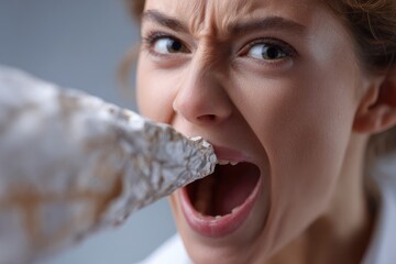 Woman bites into white textured object face contorted mouth open brows furrowed eyes wide