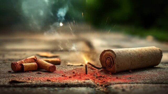 A close-up of fireworks exploding on a paved surface, showcasing vibrant sparks and a rustic, outdoor setting.
