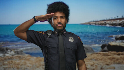 Police officer stands saluting on a sunny beach with the sea in the background, showcasing...