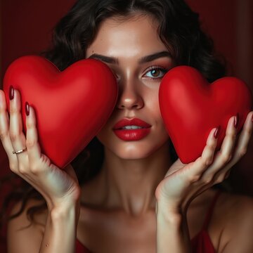 Glamour woman hold heart shapes near face. Beauty model show love symbol and smile. Brunette girl poses with hearts on valentines day event at studio.
