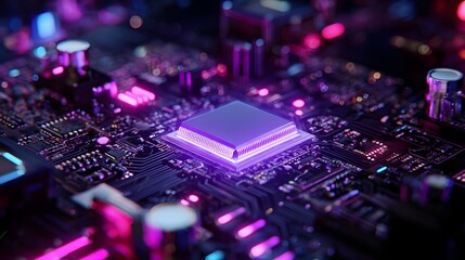 Glowing electronic circuit board with central processor and neon lights.