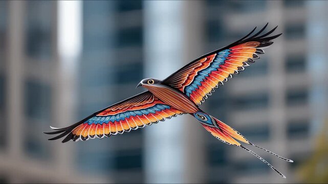 Colorful Kite Soaring Against City Buildings
