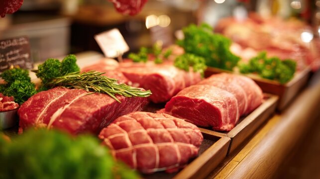 Various cuts of red meat rest on wooden trays in a butcher shop surrounded by fresh herbs and green leaves. The setting is warm and inviting with evening light highlighting the quality.