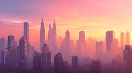 Fototapeta premium Urban skyline illuminated by a vibrant sunrise paints the city in warm hues.