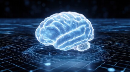 Digital Brain: A glowing, translucent brain model, bathed in cool blue light, floats atop a network, symbolizing the power of Artificial Intelligence.
