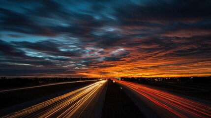 Obraz premium A vibrant sunset paints the sky with hues of orange and blue while cars create light trails on a busy highway. The scene captures the calmness of evening traffic against a colorful backdrop.