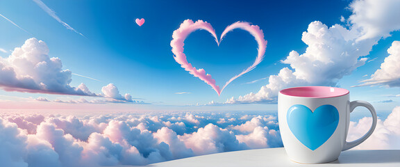 Romantic illustration with heart shaped clouds and cup. Pink heart clouds and small heart in blue sky. Adorable romantic scene with floating hearts and mug.