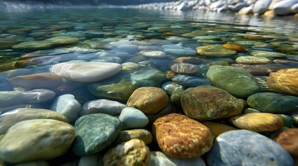 Obraz premium Clear river water flows over colorful, smooth stones on the riverbed.