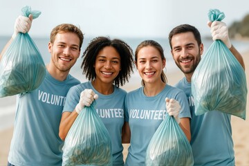 Beach Cleanup Event Featuring Volunteers Holding Garbage Bags on a Sunny Shoreline with Smiling Faces and Volunteer T shirts