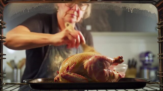 A woman bastes a whole roasted duck in a pan inside an oven.