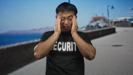 Young chinese security guard wearing a black shirt pressing both hands to temples on a seaside street promenade; stress.