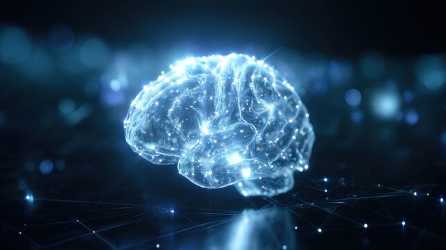 Digital Brain: A glowing, translucent brain model, bathed in cool blue light, floats atop a network, symbolizing the power of Artificial Intelligence. - Powered by Adobe