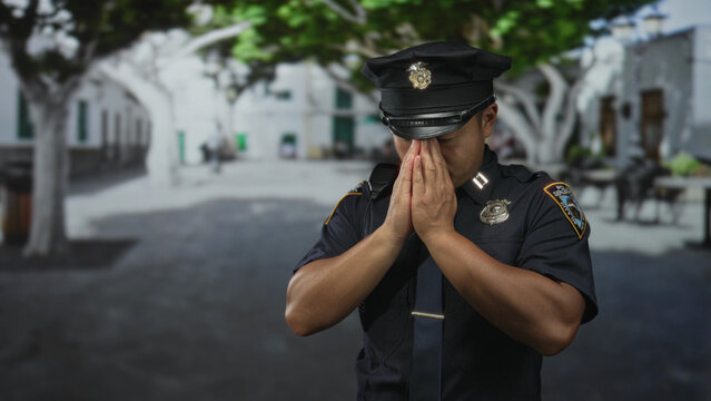 Young chinese police officer wearing hat and blue tie clasps hands near badge and radio on urban street outdoors; calm duty.