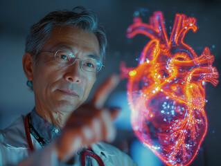 Doctor studying holographic human heart