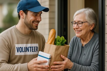 Volunteer Delivering Groceries to a Senior Woman at Her Doorstep on a Bright Day, Promoting Community Support and Assistance Programs