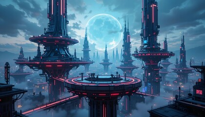 Orbital platforms and lunar city with docking towers