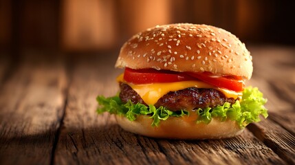 Gourmet hamburger with cheese and fresh vegetables sits on a wooden table.