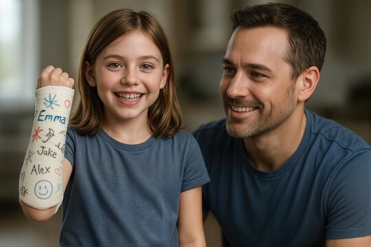 Father and young daughter smiling indoors as she proudly shows her signed arm cast, featuring colorful drawings and names, creating a heartwarming family moment - Powered by Adobe