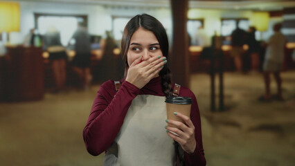 Woman in apron covers mouth holding coffee cup, standing inside hotel lobby suggesting surprise or amusement, with blurred bar setting and patrons in background