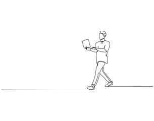 Continuous line drawing of walking man holding laptop. Single line illustration of man standing while holding laptop. Mobile working concept. Editable outline