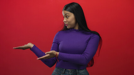 Young latin woman with long black hair in purple sweater extends open palms in red studio;...