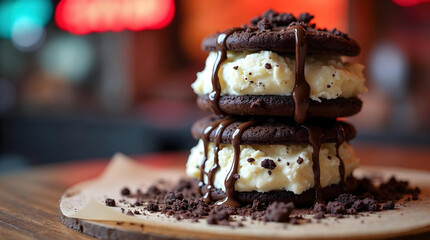 Delicious sweet chocolate ice cream sandwich dessert. Two cookies filled with vanilla and topped with sauce and crumbles