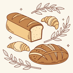 A charming hand drawn illustration featuring a loaf of white bread a round artisan bread two flaky croissants and decorative branches with leaves and star accents on a light cream background