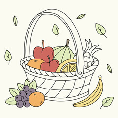 A charming hand drawn illustration of a woven basket overflowing with a vibrant assortment of fresh fruits including apples oranges grapes a pineapple and a banana with scattered leaves