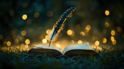 Open book, illuminated feather pen, garden grass, night scene, artistic, photo, for use in education, inspirational, or book-themed projects
