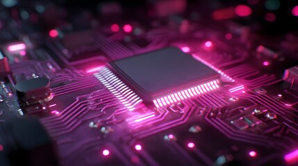 Fototapeta premium A glowing pink circuit board with a central processor and illuminated connections.