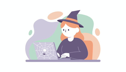 Witch with hat using laptop featuring a spiderweb Halloween digital tasks or magic theme