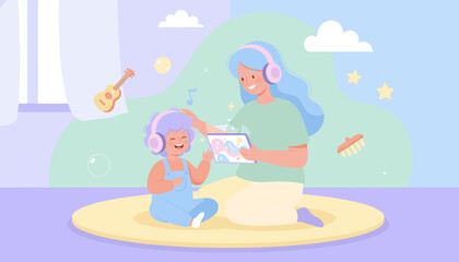 Happy mother and child enjoying music on a tablet with headphones promoting learning and bonding