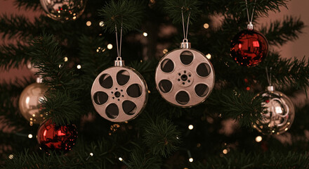 Christmas tree with film reel decorations and colorful bulbs, festive holiday and cinematic theme