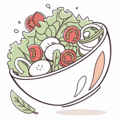 A vibrant and refreshing illustration of a fresh salad in a white bowl featuring crisp lettuce juicy tomatoes and sliced onions perfect for healthy eating concepts