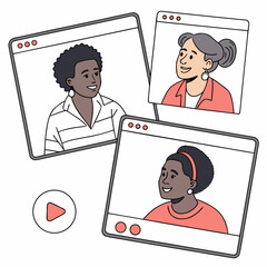 Diverse group of women participating in a video conference call connecting and collaborating remotely on a digital platform with a play button icon signifying online communication and virtual meetings