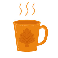 Cozy orange coffee cup with steam, ideal for coffee, tea, or hot chocolate autumn vector illustration. Hand drawn warm tea or cocoa mug with maple leaf symbol