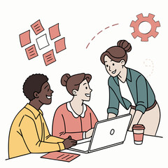 Diverse team of three professionals collaborating on a project using a laptop and sticky notes in a modern office setting with a cogwheel symbolizing teamwork and productivity