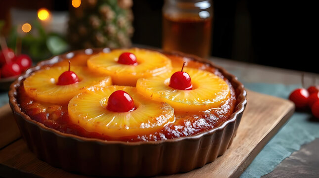 Warm delicious pineapple upside down cake sweet baked homemade dessert with cherry on wooden board for holiday treat