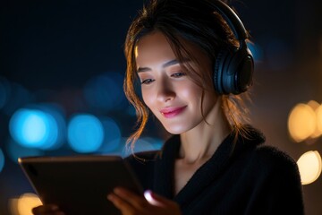 Woman with headphones looks at tablet dark jacket blurred lights backdrop