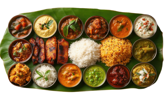 Array of colorful dishes served on a large banana leaf