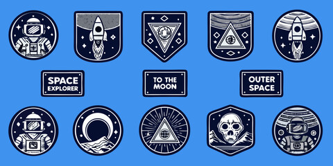 Collection of space exploration themed badges and icons featuring astronauts rockets planets and celestial elements © Tarun